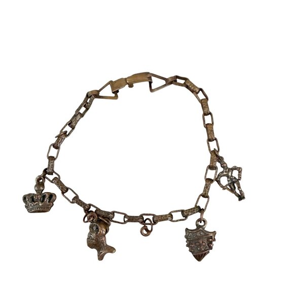 Vintage Medieval Brass Charm Bracelet Knight Crown Shield Heraldic 8" Link - Picture 5 of 6